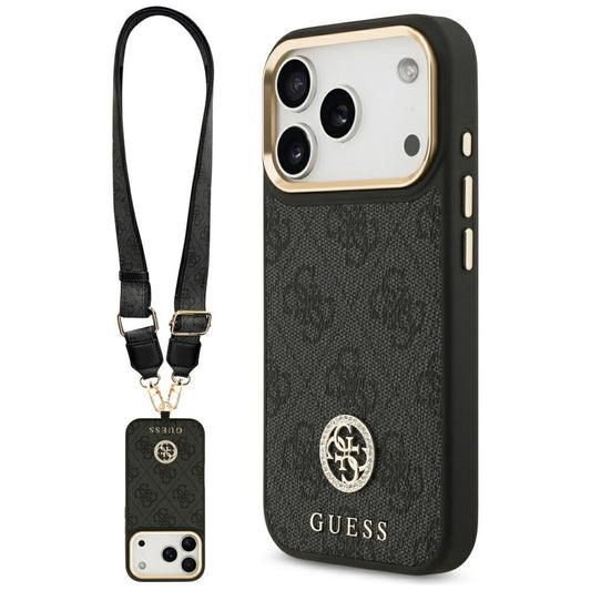MagSafe futrola za Apple iPhone 17 Pro, Guess, 4G Strass Logo with Big Strap, Crna