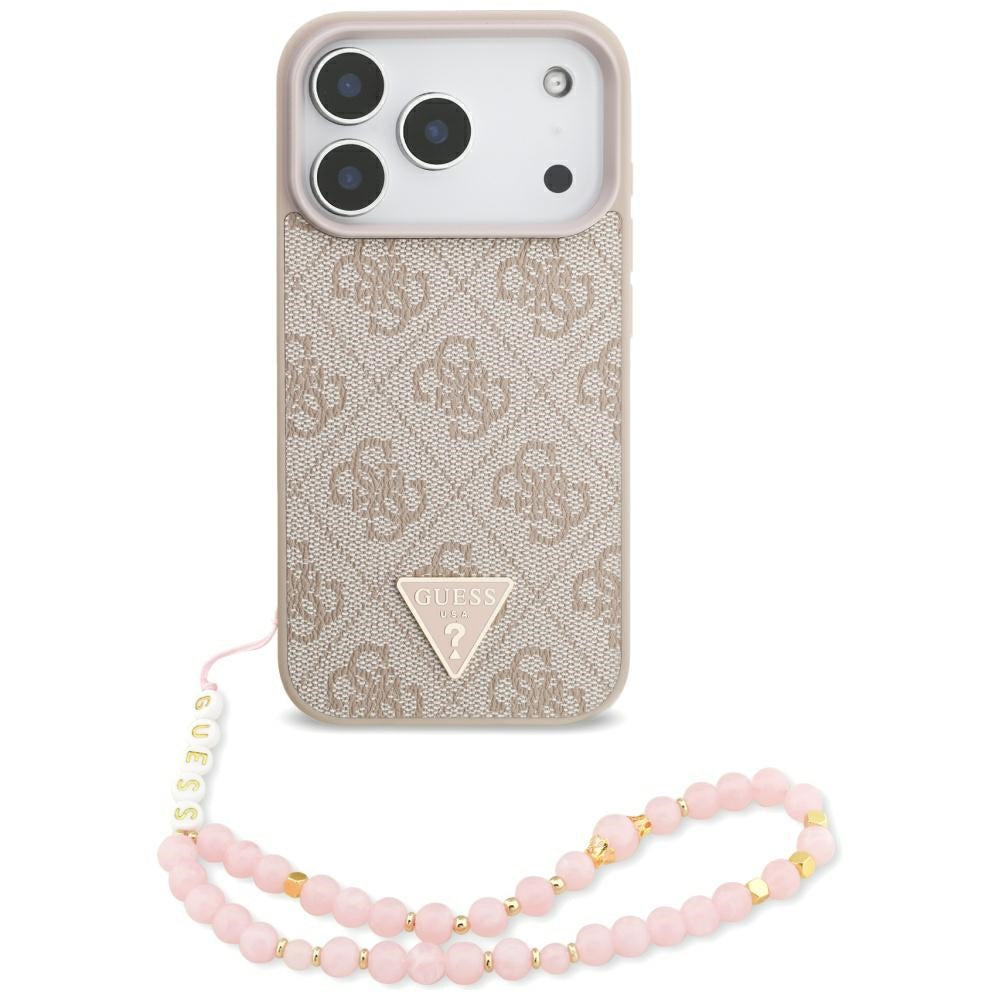 MagSafe futrola za Apple iPhone 17 Pro, Guess, 4G Triangle Logo s perl trakom, Roza