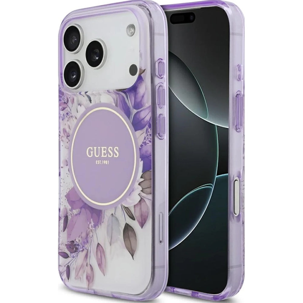 MagSafe torbica za Apple iPhone 17 Pro, Guess, IML Flower & Tonal Circle, Ljubičasta