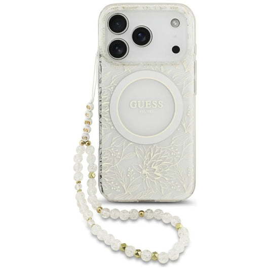 MagSafe torbica za Apple iPhone 17 Pro, Guess, IML Flowers Allover Electroplated with Pearl Strap, Bijela