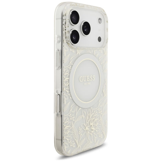 MagSafe torbica za Apple iPhone 17 Pro, Guess, IML Flowers Allover Electroplated with Pearl Strap, Bijela
