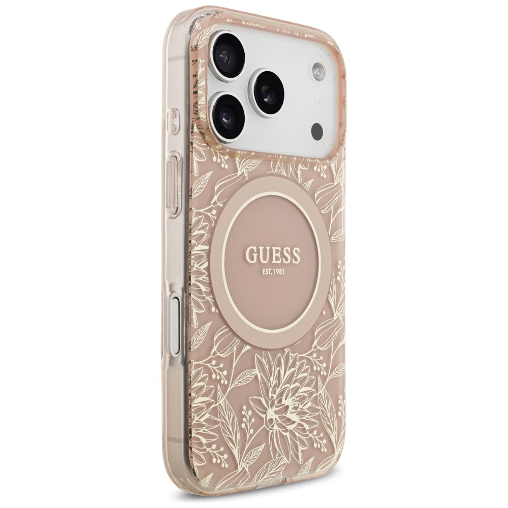 Futrola MagSafe za Apple iPhone 17 Pro, Guess, IML Flowers Allover Electroplated with Pearl Strap, Roza