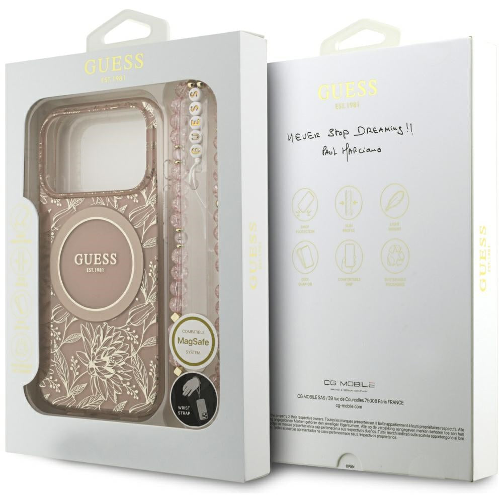 Futrola MagSafe za Apple iPhone 17 Pro, Guess, IML Flowers Allover Electroplated with Pearl Strap, Roza