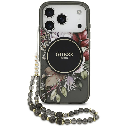 MagSafe futrola za Apple iPhone 17 Pro, Guess, IML Flowers with Pearl Strap, Crna