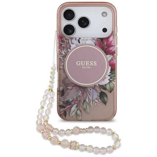 MagSafe torbica za Apple iPhone 17 Pro, Guess, IML Flowers with Pearl Strap, Roza