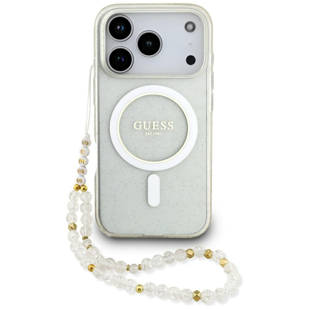 MagSafe torbica za Apple iPhone 17 Pro, Guess, IML Glitter s perlama, Prozirna