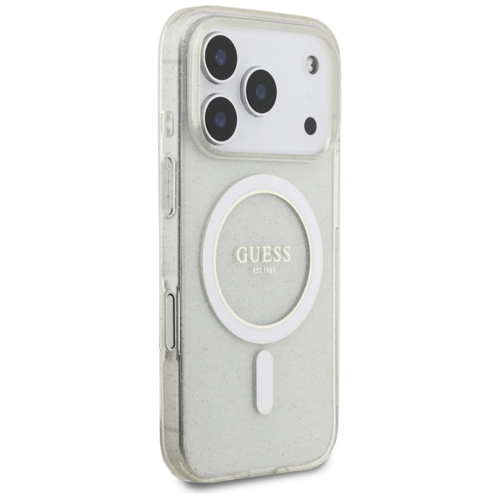 MagSafe torbica za Apple iPhone 17 Pro, Guess, IML Glitter s perlama, Prozirna