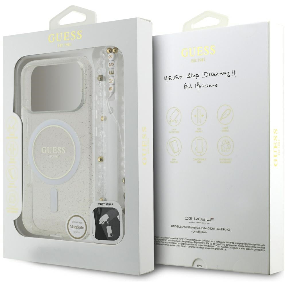 MagSafe torbica za Apple iPhone 17 Pro, Guess, IML Glitter s perlama, Prozirna
