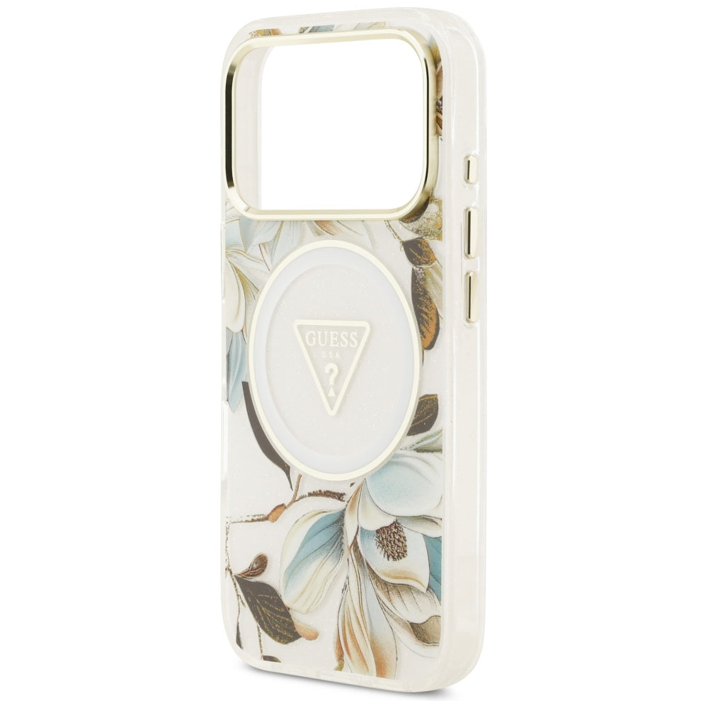 MagSafe futrola za Apple iPhone 17 Pro, Guess, IML Metal Glitter Flowers Triangle, Bijela