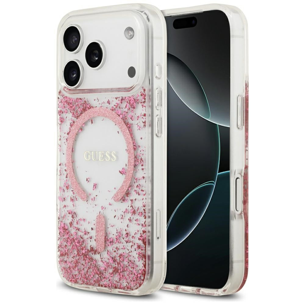 Husa MagSafe za Apple iPhone 17 Pro, Guess, Resin Bottom Glitter, Roza