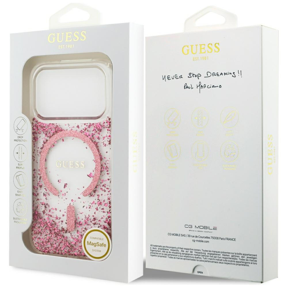Husa MagSafe za Apple iPhone 17 Pro, Guess, Resin Bottom Glitter, Roza