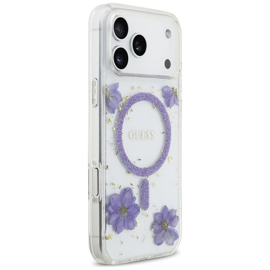 MagSafe torbica za Apple iPhone 17 Pro, Guess, Resin Flowers and Glitter, Ljubičasta