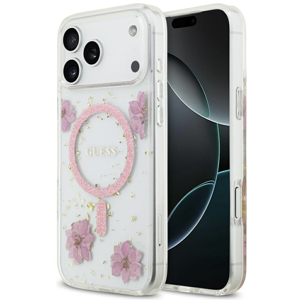 MagSafe torbica za Apple iPhone 17 Pro, Guess, Resin Flowers and Glitter, Roza