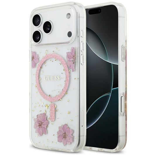MagSafe torbica za Apple iPhone 17 Pro, Guess, Resin Flowers and Glitter, Roza
