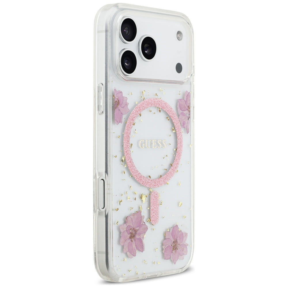 MagSafe torbica za Apple iPhone 17 Pro, Guess, Resin Flowers and Glitter, Roza