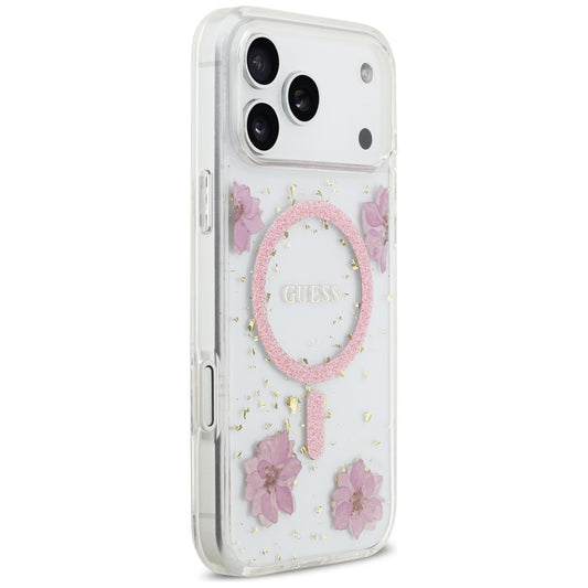 MagSafe torbica za Apple iPhone 17 Pro, Guess, Resin Flowers and Glitter, Roza