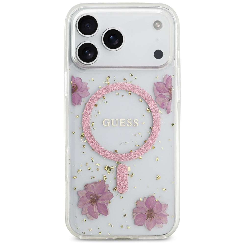 MagSafe torbica za Apple iPhone 17 Pro, Guess, Resin Flowers and Glitter, Roza