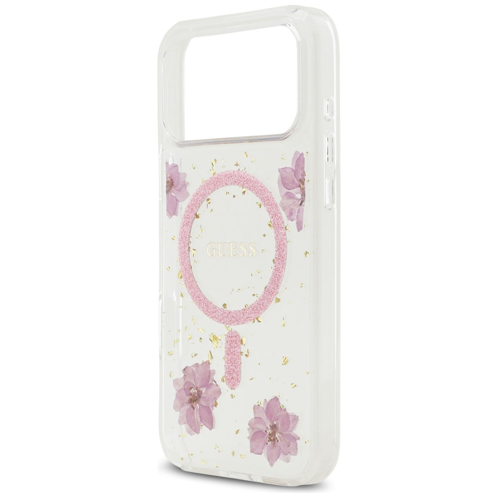 MagSafe torbica za Apple iPhone 17 Pro, Guess, Resin Flowers and Glitter, Roza