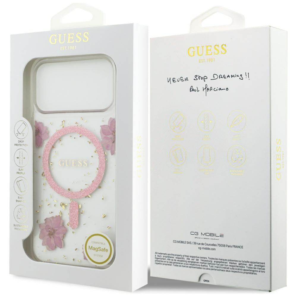 MagSafe torbica za Apple iPhone 17 Pro, Guess, Resin Flowers and Glitter, Roza