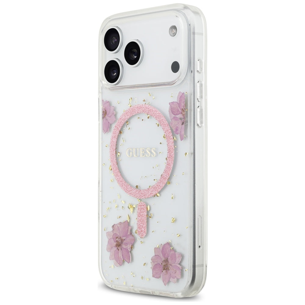MagSafe torbica za Apple iPhone 17 Pro, Guess, Resin Flowers and Glitter, Roza