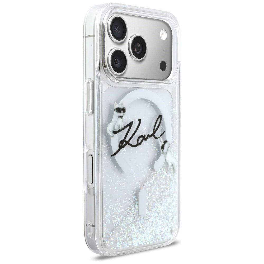 Husa MagSafe za Apple iPhone 17 Pro, Karl Lagerfeld, Glitter Karl Script Logo, Prozirna