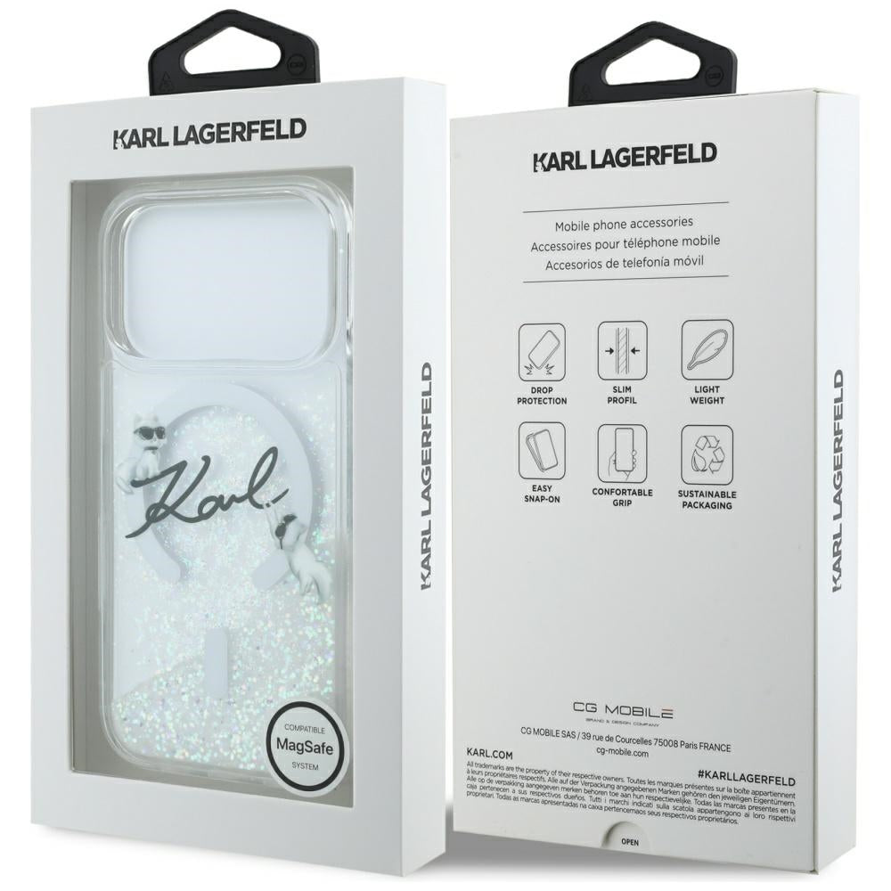 Husa MagSafe za Apple iPhone 17 Pro, Karl Lagerfeld, Glitter Karl Script Logo, Prozirna
