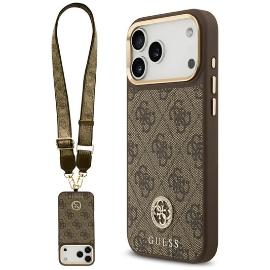 MagSafe futrola za Apple iPhone 17 Pro Max, Guess, 4G Strass Logo with Big Strap, smeđa