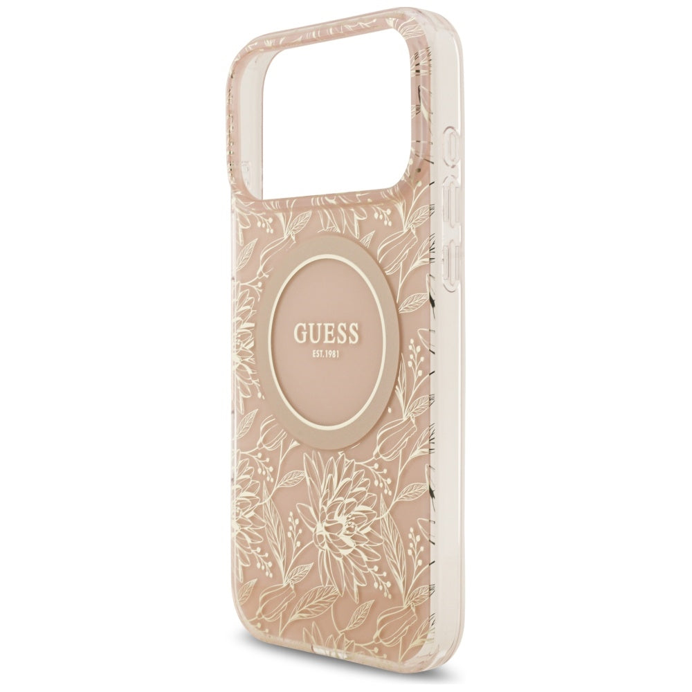 MagSafe torbica za Apple iPhone 17 Pro Max, Guess, IML Flowers Allover Electroplated with Pearl Strap, Roza