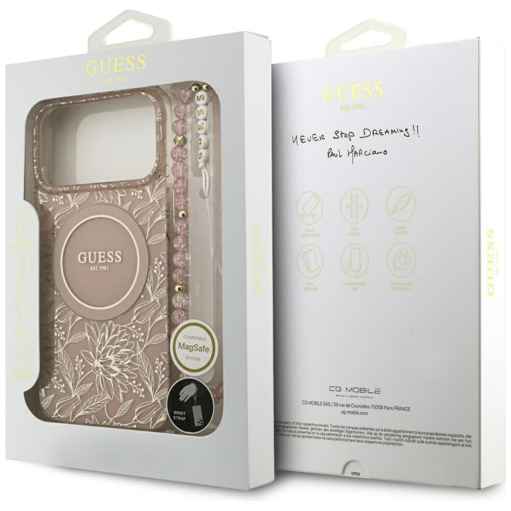 MagSafe torbica za Apple iPhone 17 Pro Max, Guess, IML Flowers Allover Electroplated with Pearl Strap, Roza