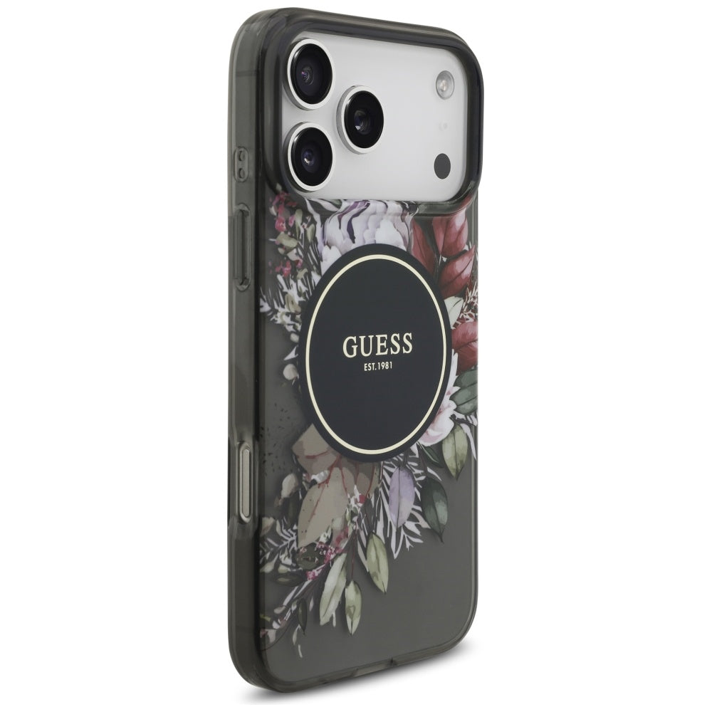 MagSafe futrola za Apple iPhone 17 Pro Max, Guess, IML Flowers with Pearl Strap, Crna