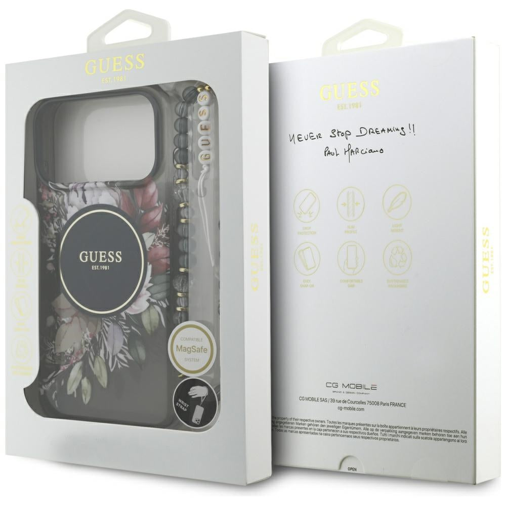 MagSafe futrola za Apple iPhone 17 Pro Max, Guess, IML Flowers with Pearl Strap, Crna