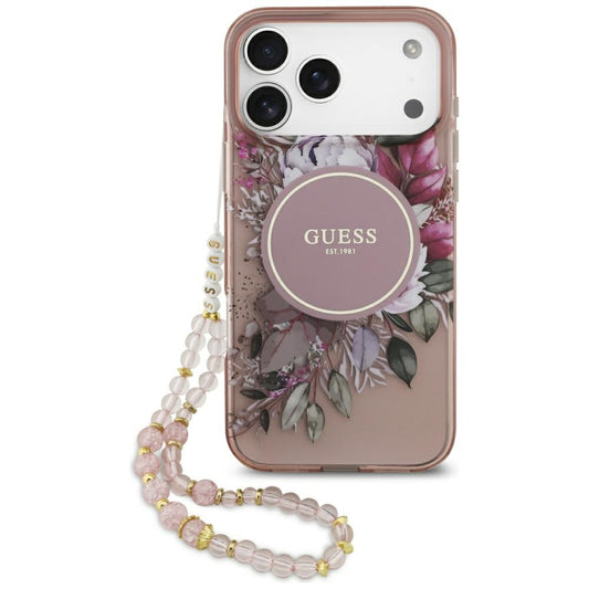 MagSafe torbica za Apple iPhone 17 Pro Max, Guess, IML Flowers with Pearl Strap, Roza