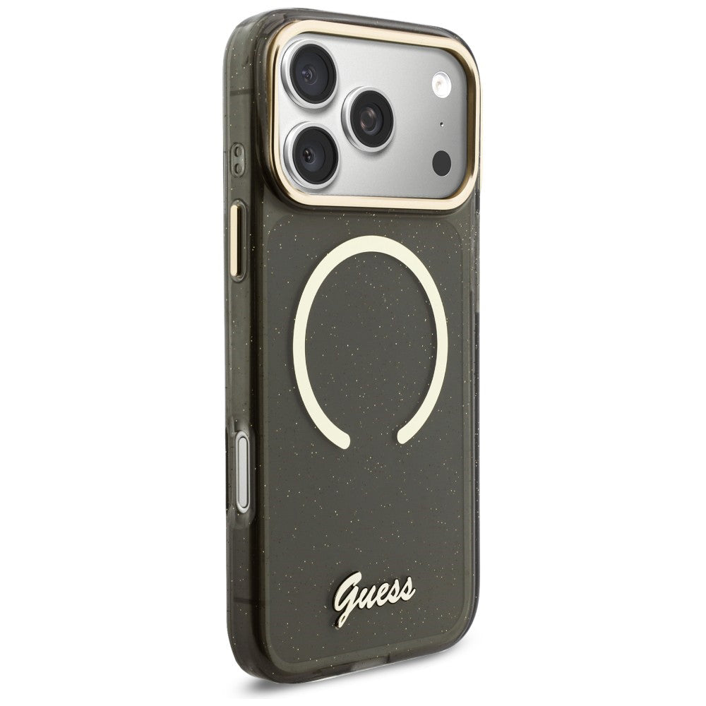 Futrola MagSafe za Apple iPhone 17 Pro Max, Guess, IML Glitter Script Strap, Crna