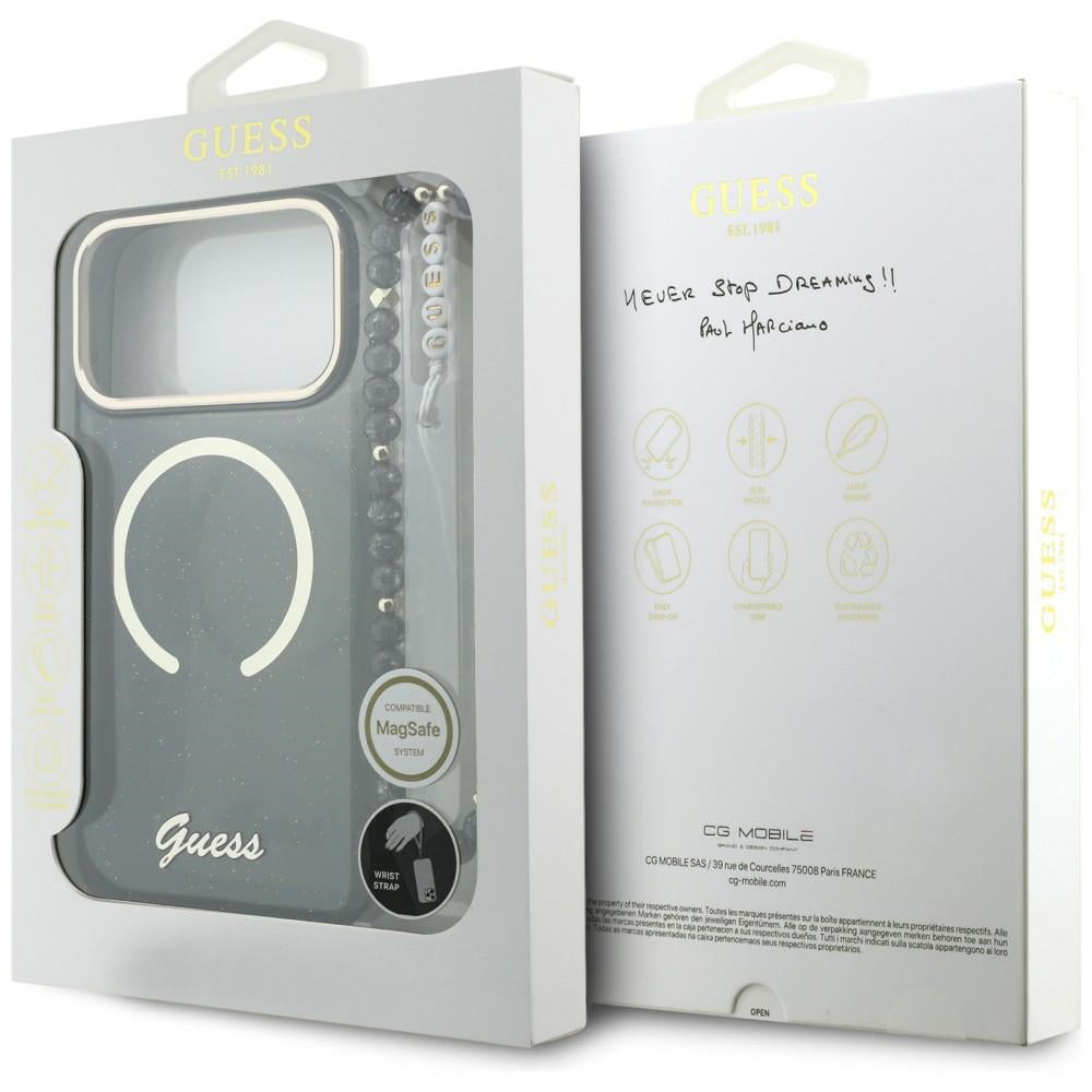 Futrola MagSafe za Apple iPhone 17 Pro Max, Guess, IML Glitter Script Strap, Crna