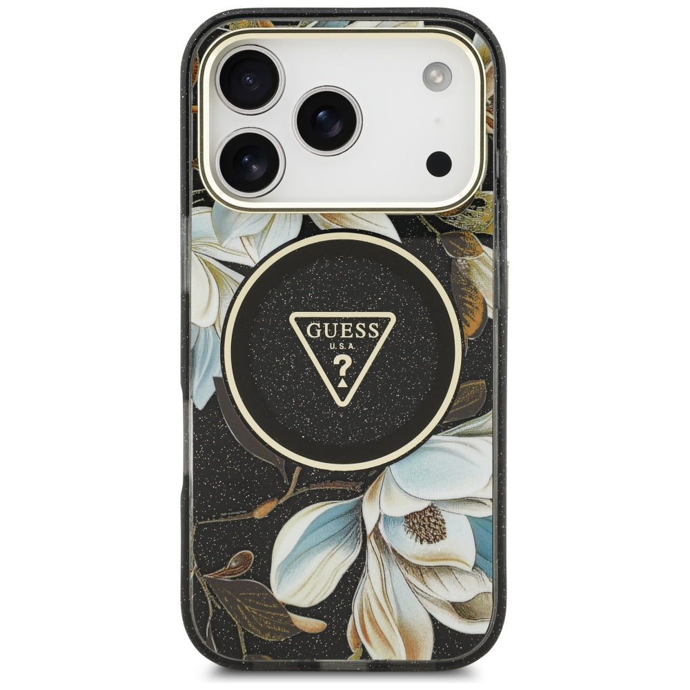 Husa MagSafe za Apple iPhone 17 Pro Max, Guess, IML Metal Glitter Flowers Triangle, Crna
