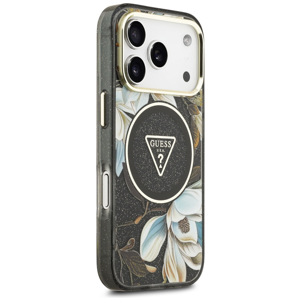 Husa MagSafe za Apple iPhone 17 Pro Max, Guess, IML Metal Glitter Flowers Triangle, Crna