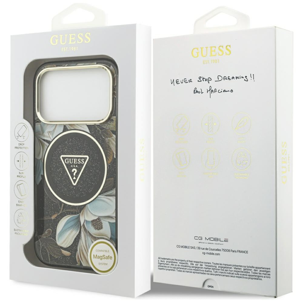 Husa MagSafe za Apple iPhone 17 Pro Max, Guess, IML Metal Glitter Flowers Triangle, Crna