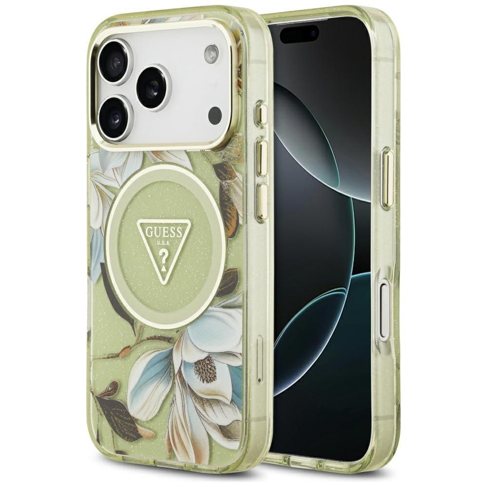 Futrola MagSafe za Apple iPhone 17 Pro Max, Guess, IML Metal Glitter Flowers Triangle, Zelena