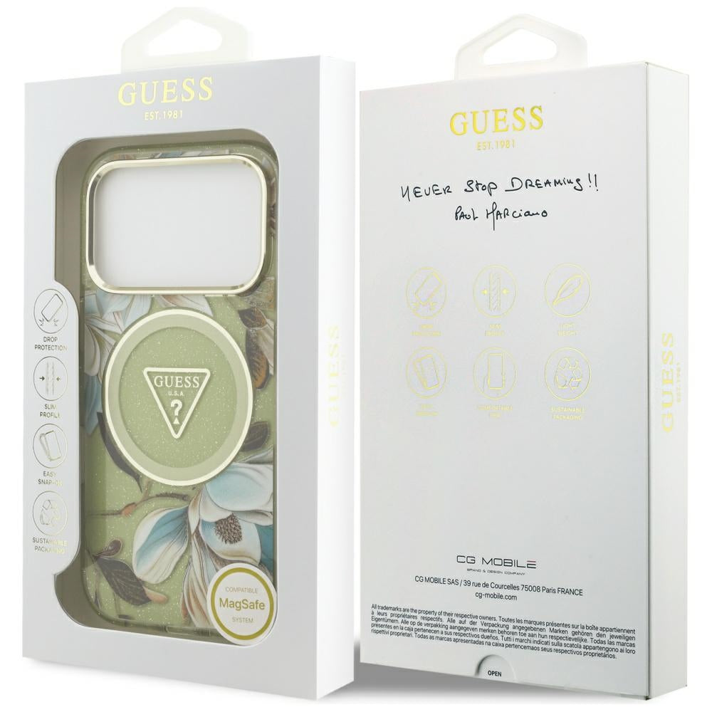Futrola MagSafe za Apple iPhone 17 Pro Max, Guess, IML Metal Glitter Flowers Triangle, Zelena