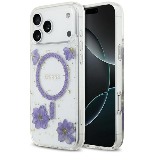 MagSafe torbica za Apple iPhone 17 Pro Max, Guess, Resin Flowers and Glitter, Ljubičasta
