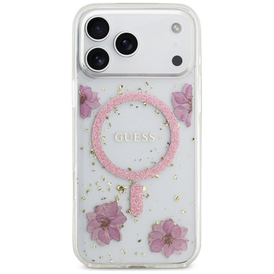 MagSafe torbica za Apple iPhone 17 Pro Max, Guess, Resin Flowers and Glitter, Roza