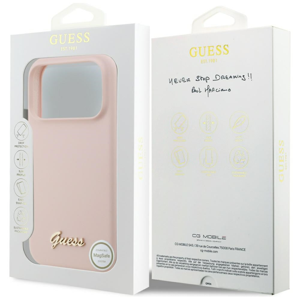 Futrola MagSafe za Apple iPhone 17 Pro Max, Guess, Script Metal Logo, Svijetlo roza