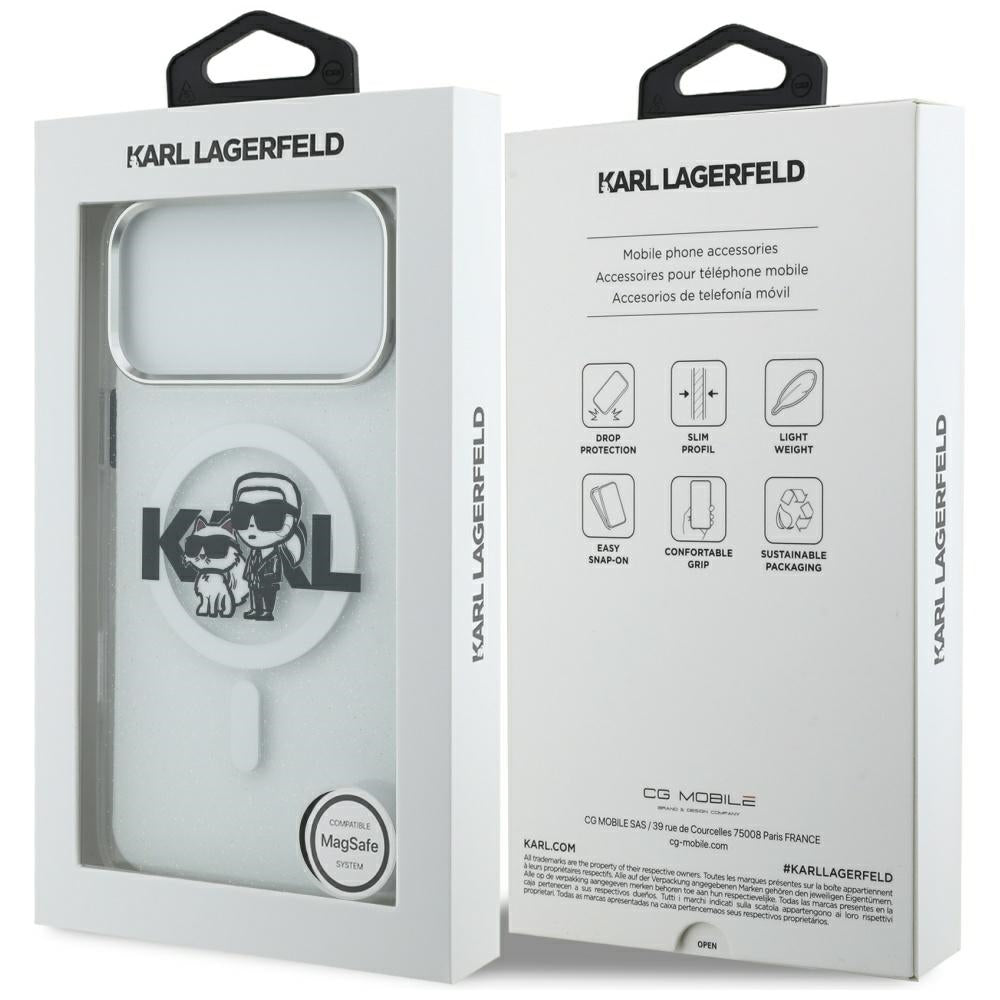 Futrola MagSafe za Apple iPhone 17 Pro Max, Karl Lagerfeld, IML Sketch Logo Glitter Karl & Choupette, Prozirna