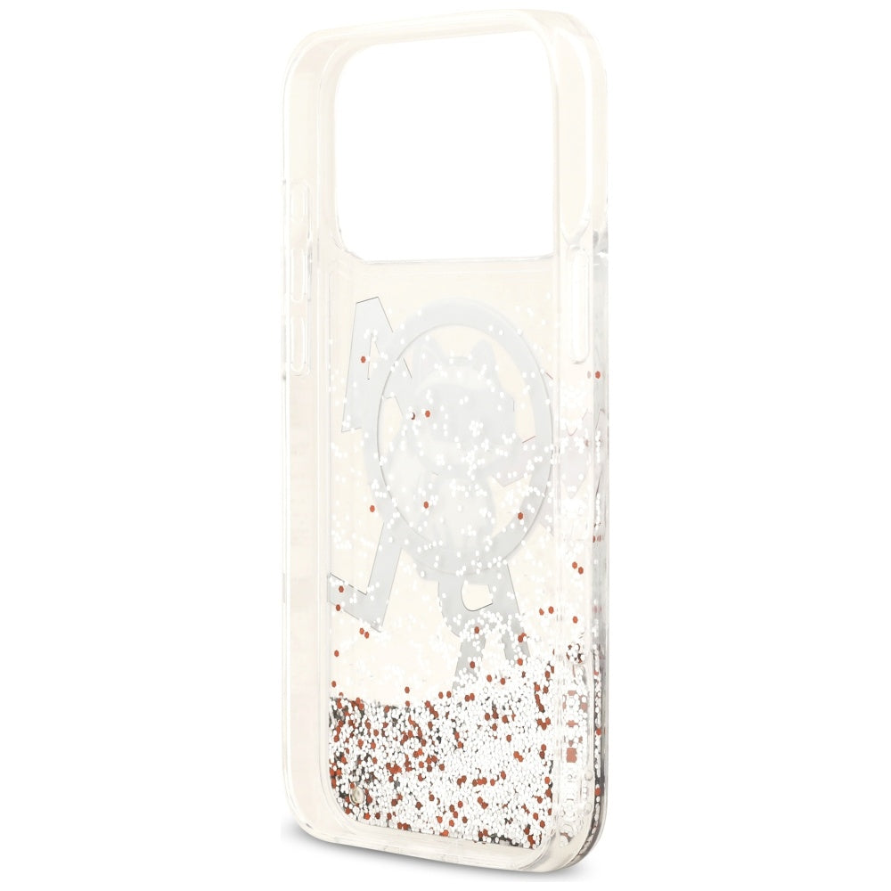 Husa MagSafe za Apple iPhone 17 Pro Max, Karl Lagerfeld, Liquid Glitter Logo Choupette, Prozirna