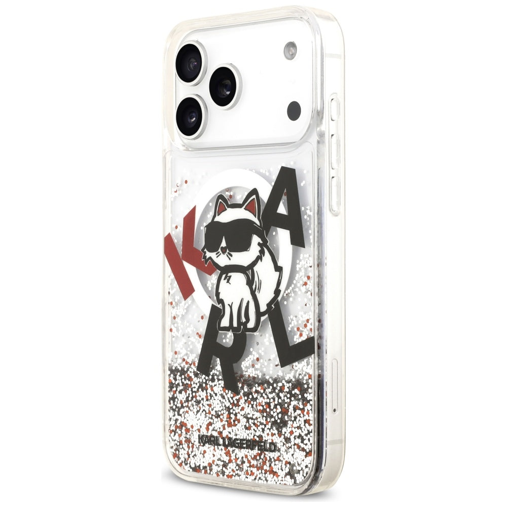 Husa MagSafe za Apple iPhone 17 Pro Max, Karl Lagerfeld, Liquid Glitter Logo Choupette, Prozirna