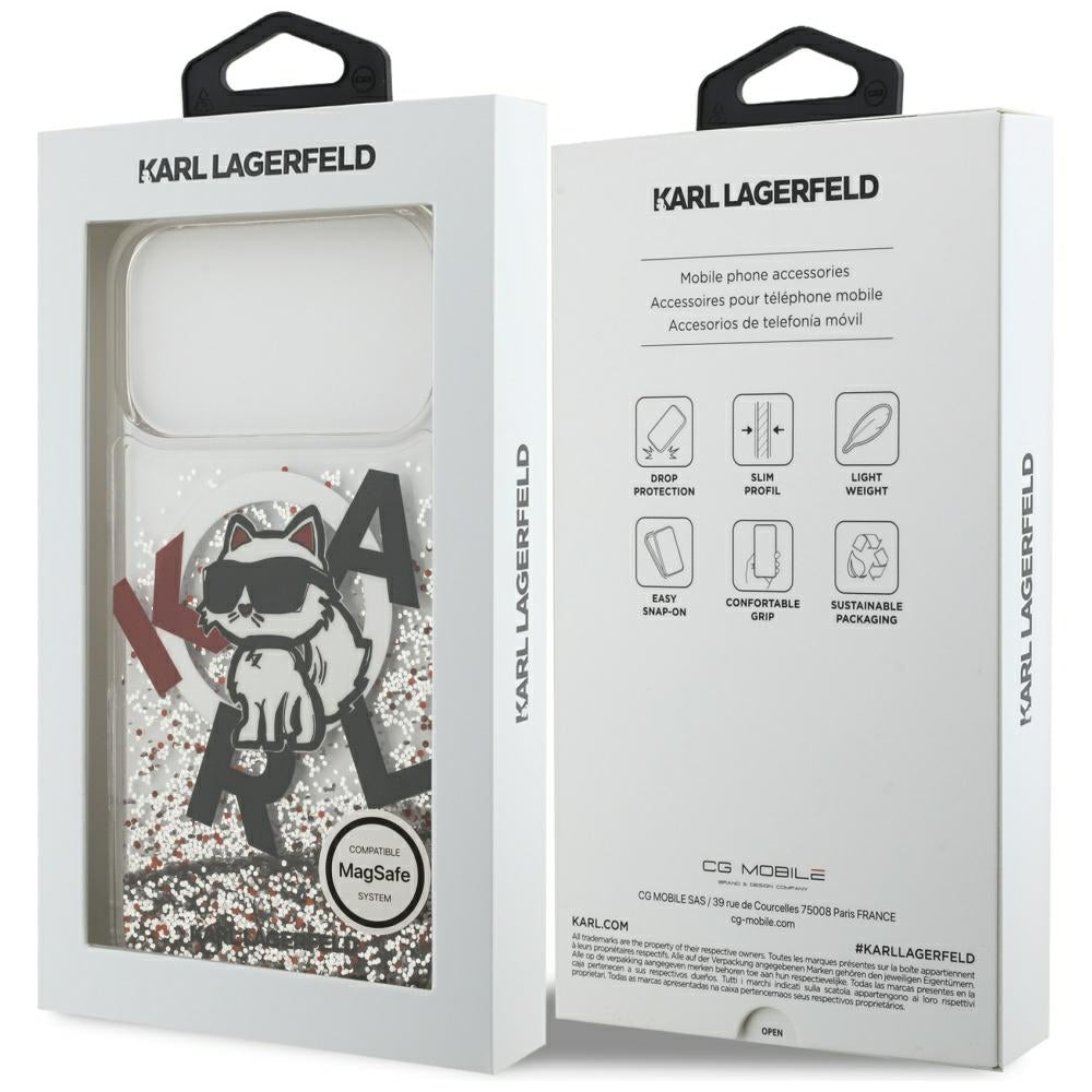 Husa MagSafe za Apple iPhone 17 Pro Max, Karl Lagerfeld, Liquid Glitter Logo Choupette, Prozirna