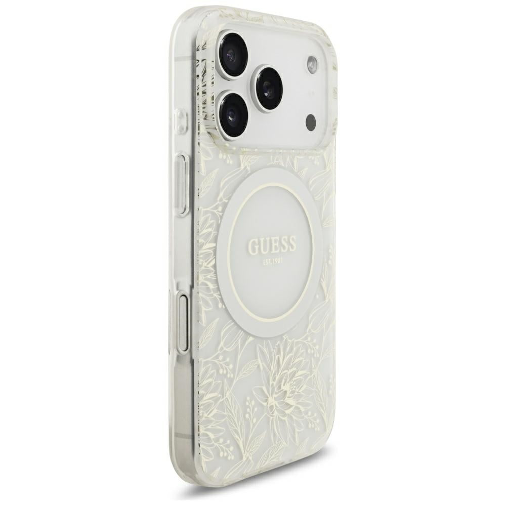 MagSafe maska za Apple iPhone 18 Pro / 17 Pro, Guess, IML Flowers Electroplated with Pearl Strap, Bijela