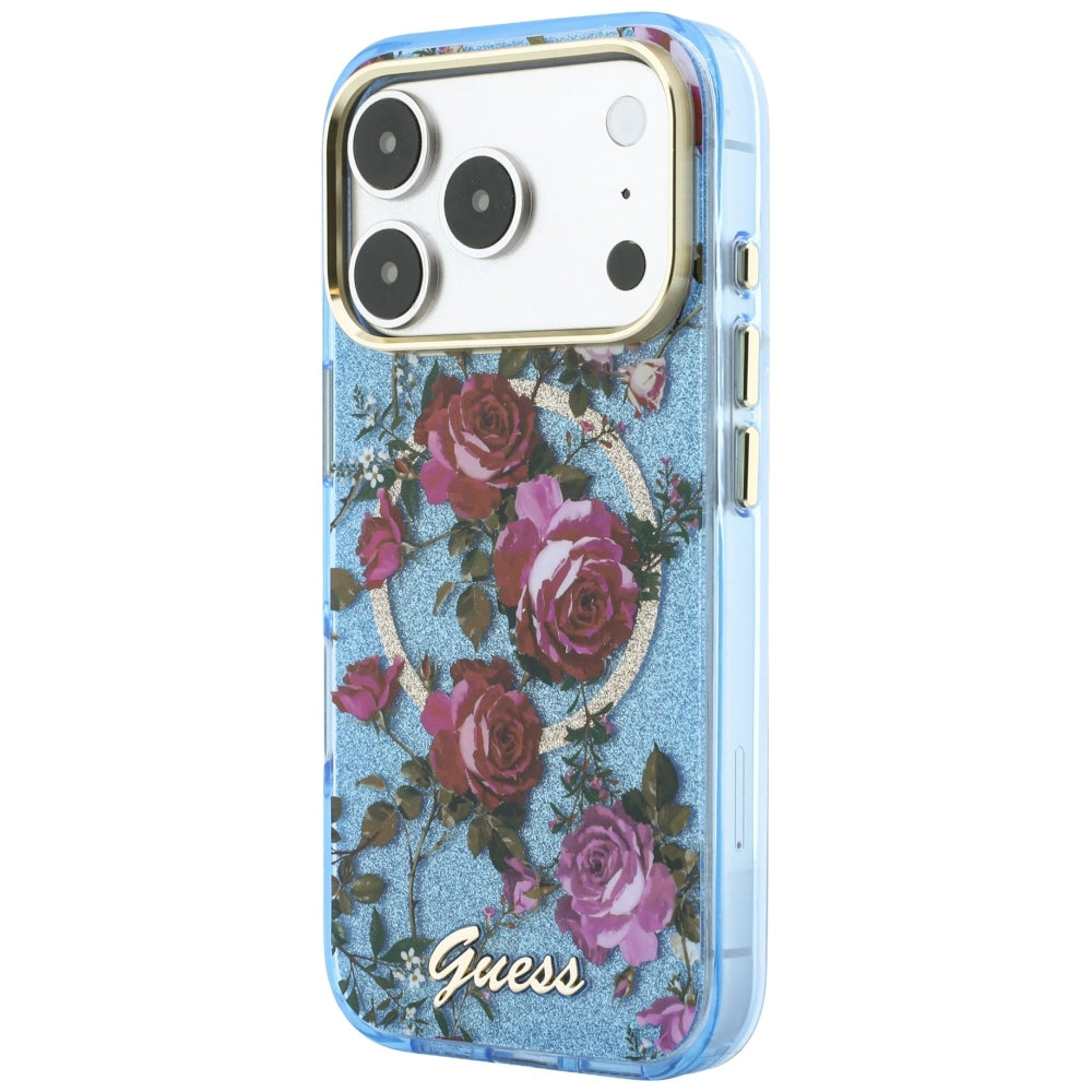 MagSafe futrola za Apple iPhone 18 Pro / 17 Pro, Guess, IML Glitter Blossom Roses, Plava