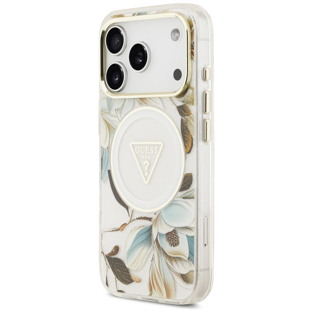 MagSafe futrola za Apple iPhone 18 Pro / 17 Pro, Guess, IML Metal Glitter Flowers Triangle, Bijela