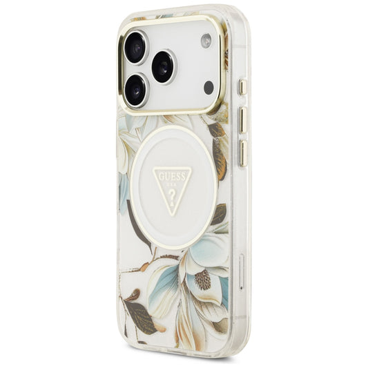 MagSafe futrola za Apple iPhone 18 Pro / 17 Pro, Guess, IML Metal Glitter Flowers Triangle, Bijela